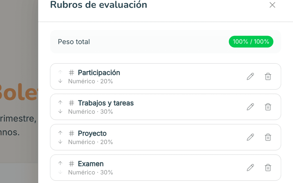 Panel de rubros de evaluación con sus pesos sumando 100%